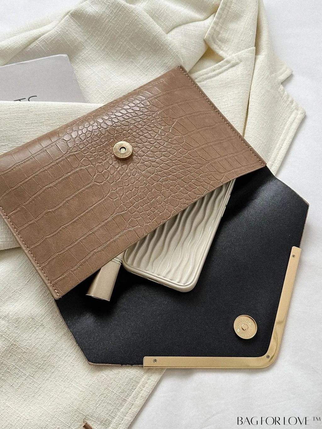 BagForLove - Elegant Crocodile Embossed Envelope Bag with Metal Decor