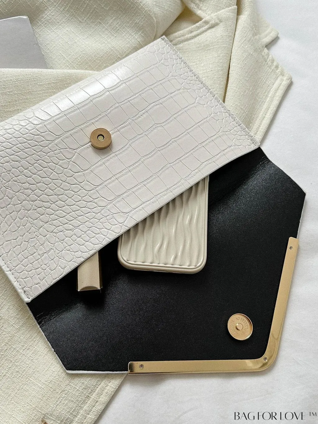 BagForLove - Elegant Crocodile Embossed Envelope Bag with Metal Decor