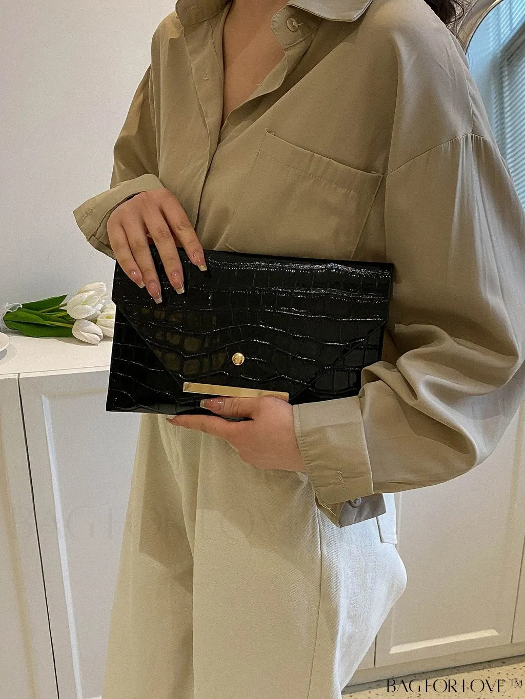 BagForLove - Metallic PU Crocodile Embossed Envelope Bag with Funky Flap Design