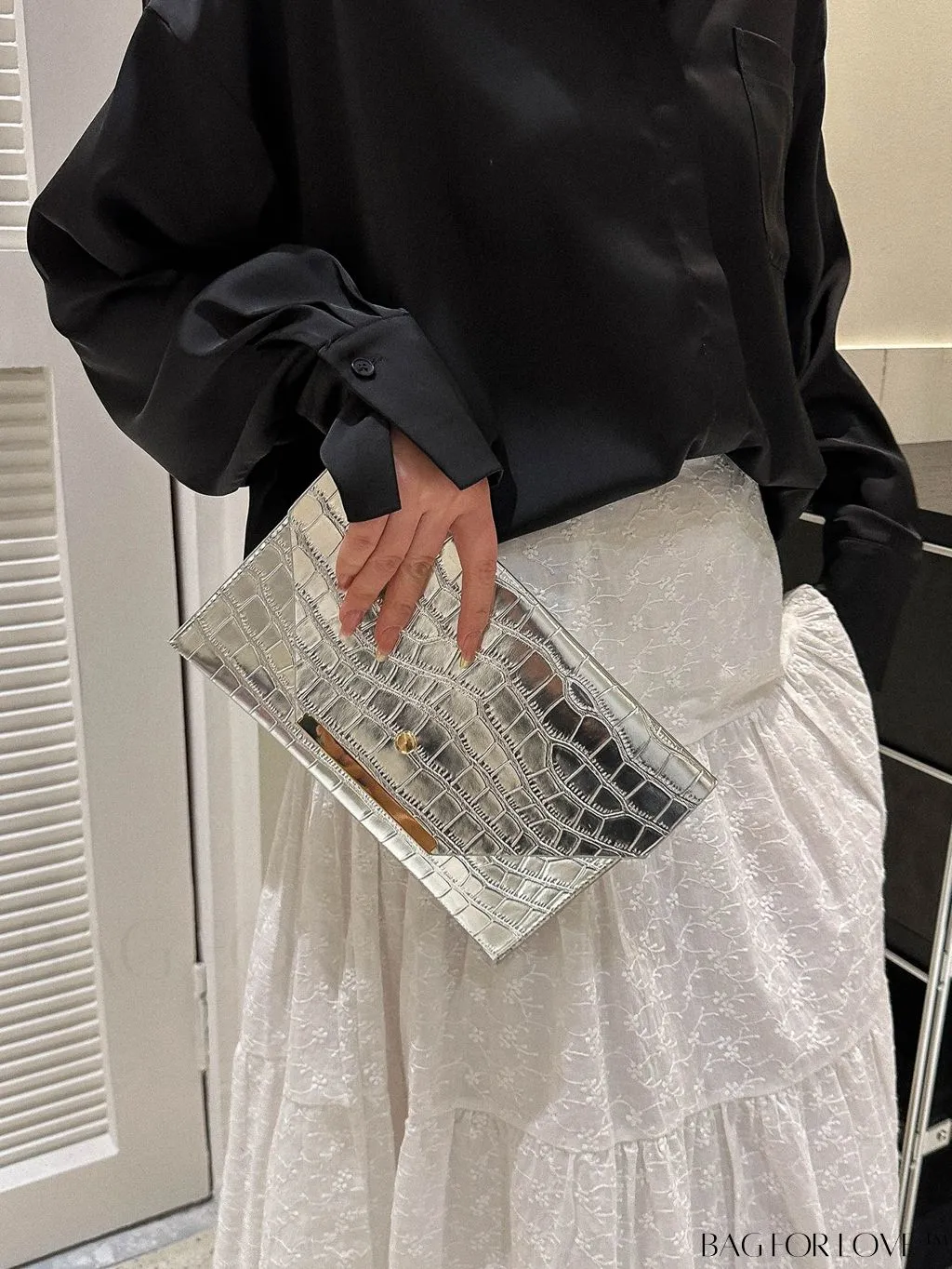 BagForLove - Metallic PU Crocodile Embossed Envelope Bag with Funky Flap Design