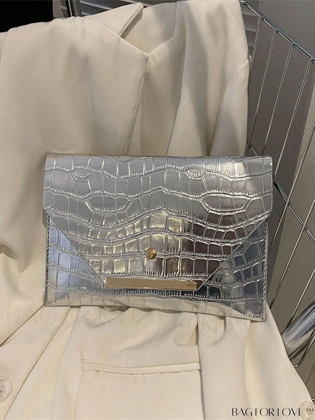 BagForLove - Metallic PU Crocodile Embossed Envelope Bag with Funky Flap Design
