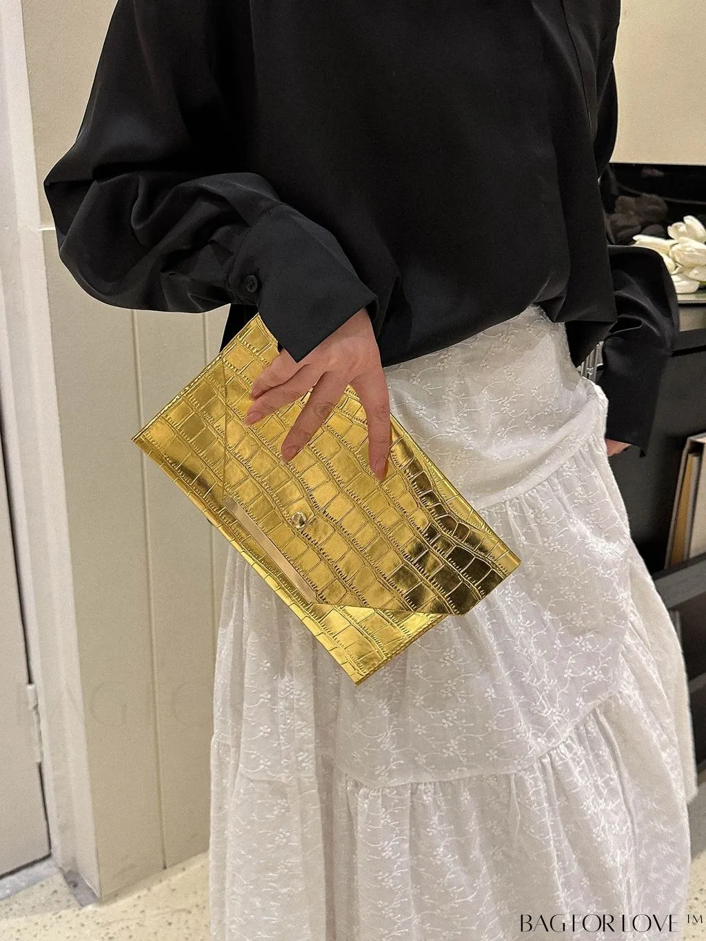 BagForLove - Metallic PU Crocodile Embossed Envelope Bag with Funky Flap Design
