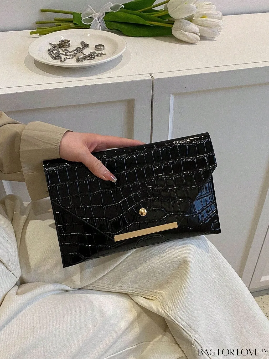 BagForLove - Metallic PU Crocodile Embossed Envelope Bag with Funky Flap Design
