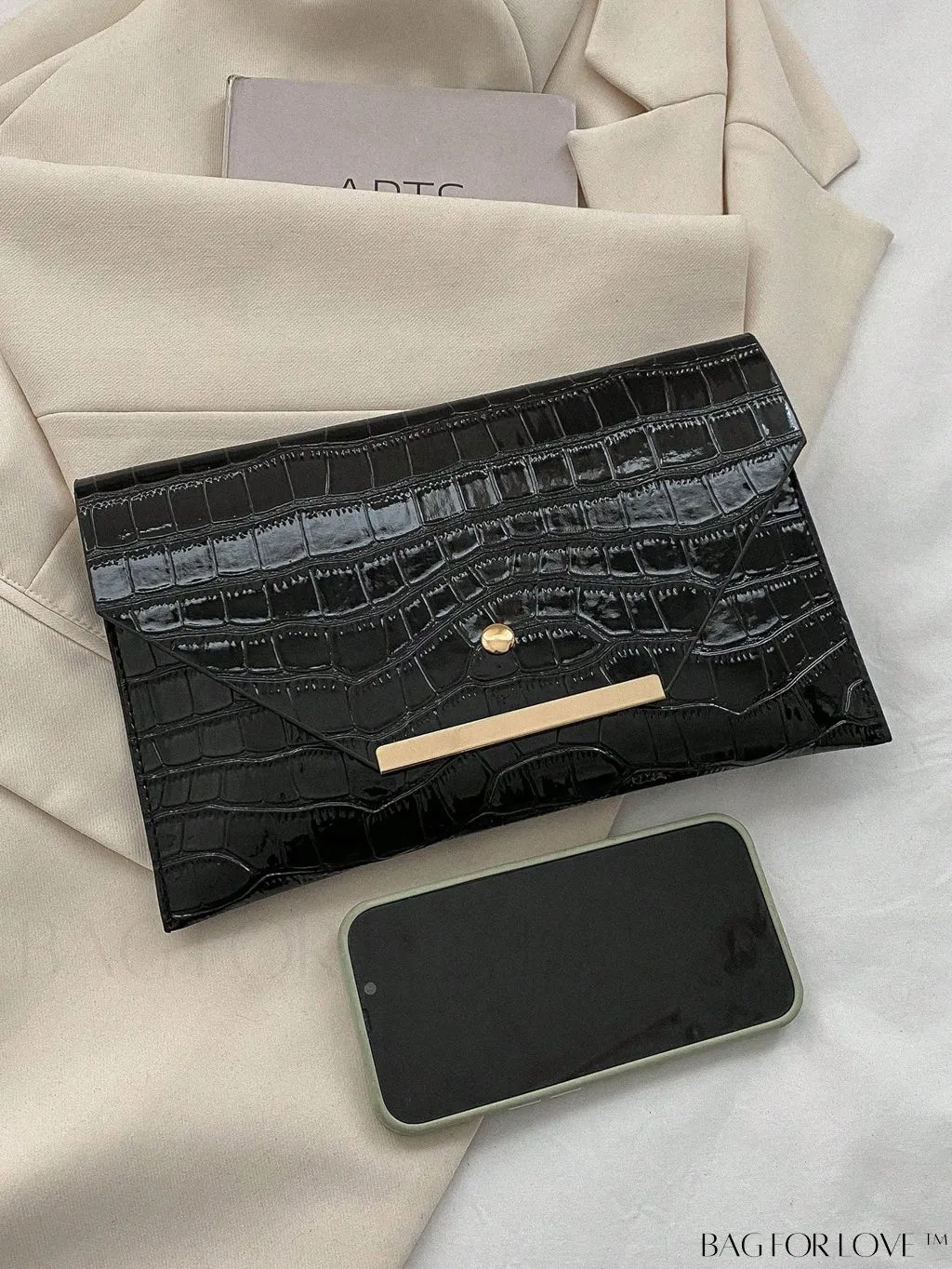 BagForLove - Metallic PU Crocodile Embossed Envelope Bag with Funky Flap Design