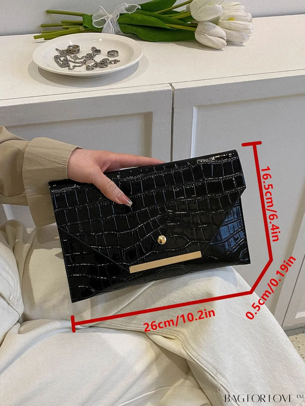 BagForLove - Metallic PU Crocodile Embossed Envelope Bag with Funky Flap Design