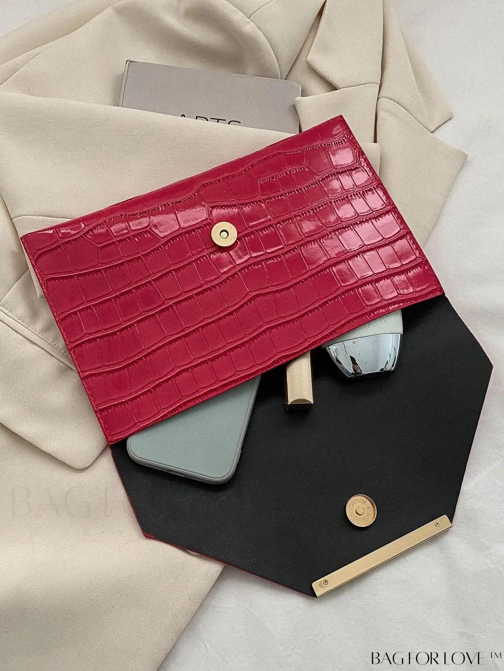BagForLove - Metallic PU Crocodile Embossed Envelope Bag with Funky Flap Design