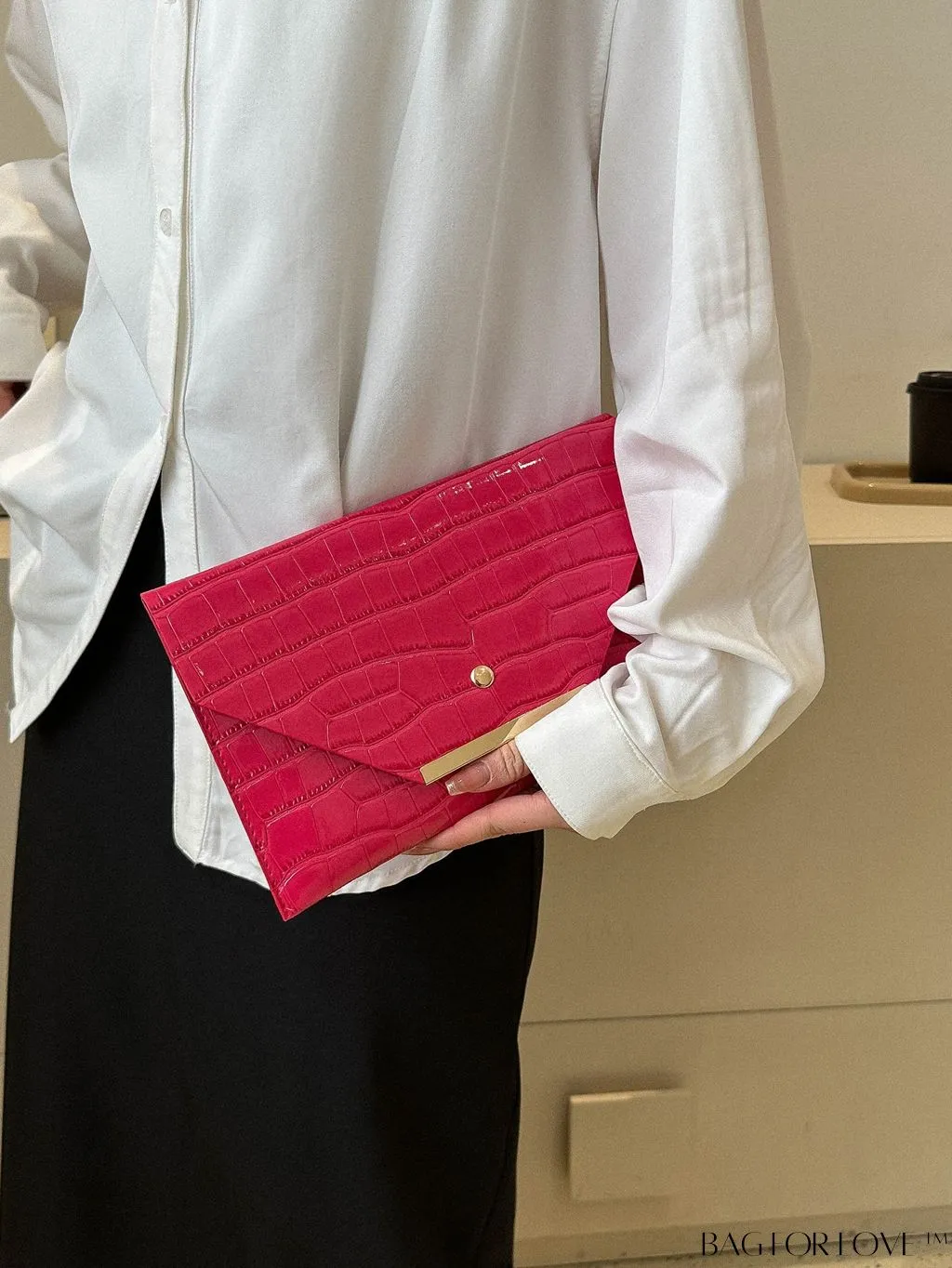 BagForLove - Metallic PU Crocodile Embossed Envelope Bag with Funky Flap Design