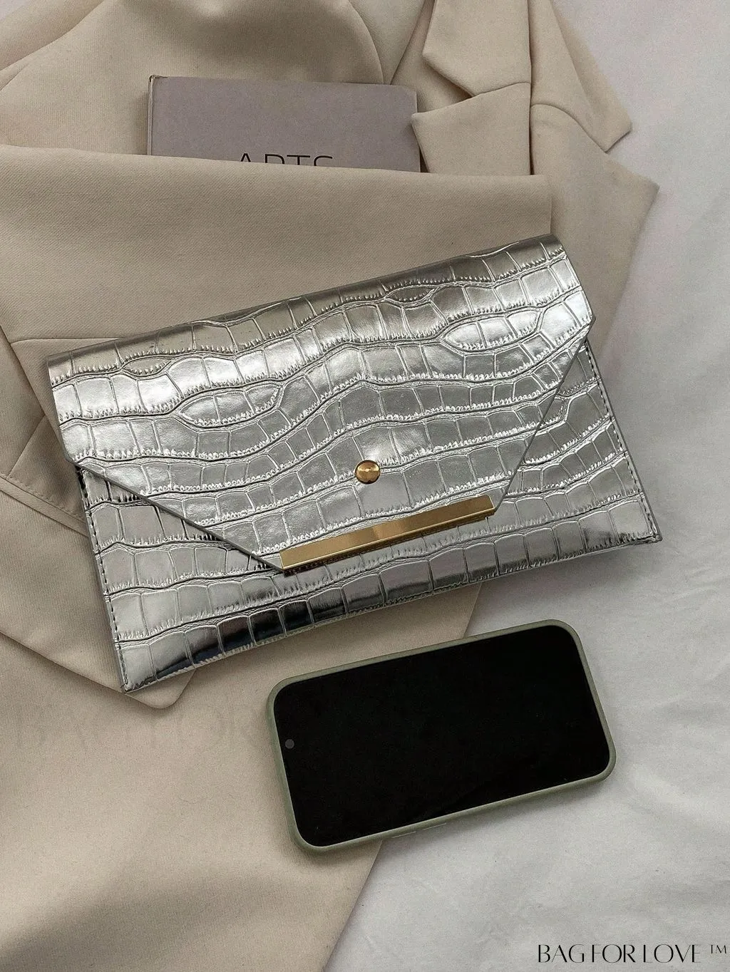 BagForLove - Metallic PU Crocodile Embossed Envelope Bag with Funky Flap Design