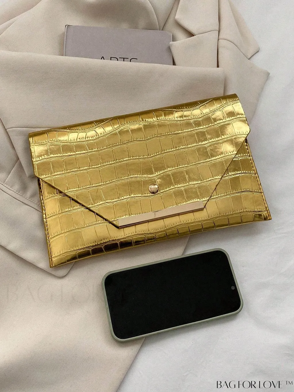 BagForLove - Metallic PU Crocodile Embossed Envelope Bag with Funky Flap Design