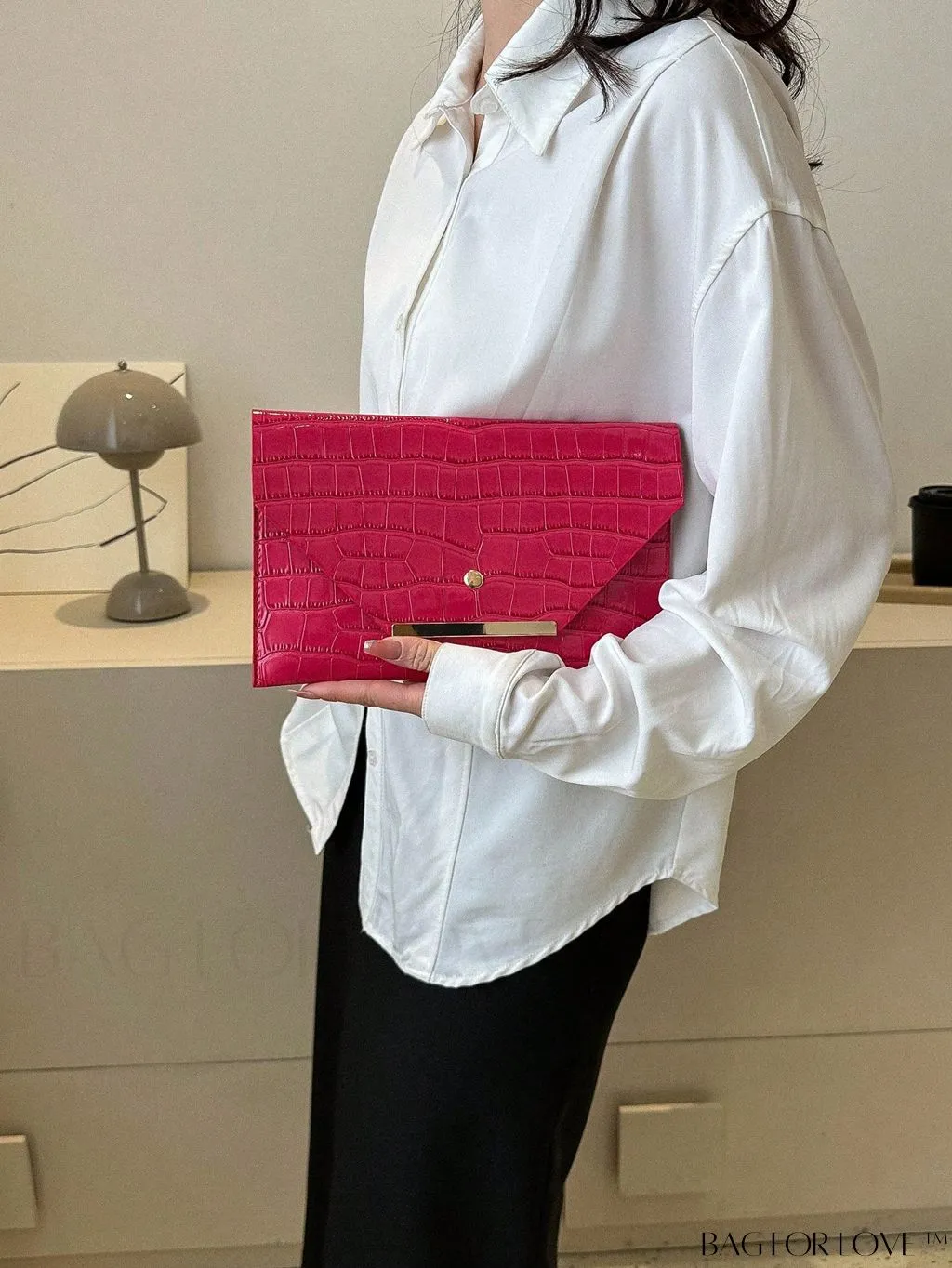 BagForLove - Metallic PU Crocodile Embossed Envelope Bag with Funky Flap Design