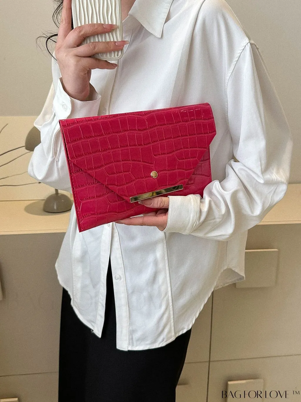 BagForLove - Metallic PU Crocodile Embossed Envelope Bag with Funky Flap Design