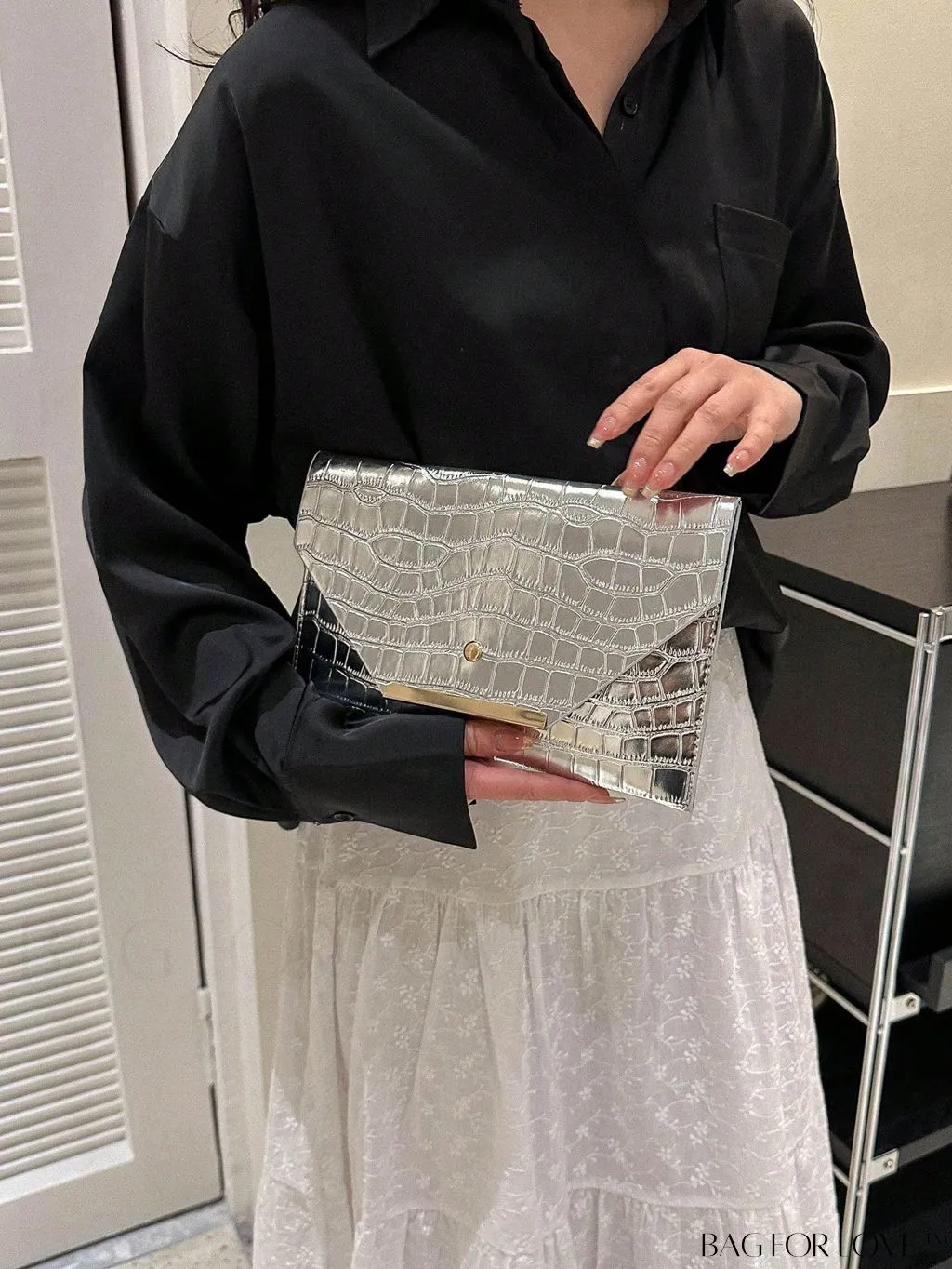 BagForLove - Metallic PU Crocodile Embossed Envelope Bag with Funky Flap Design