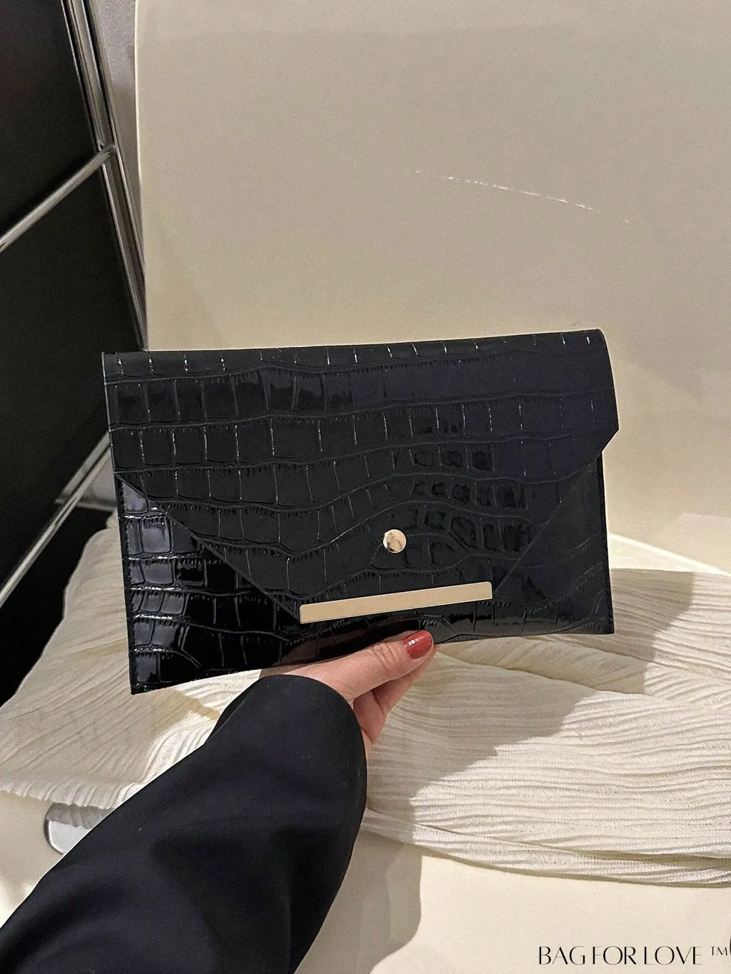 BagForLove - Metallic PU Crocodile Embossed Envelope Bag with Funky Flap Design