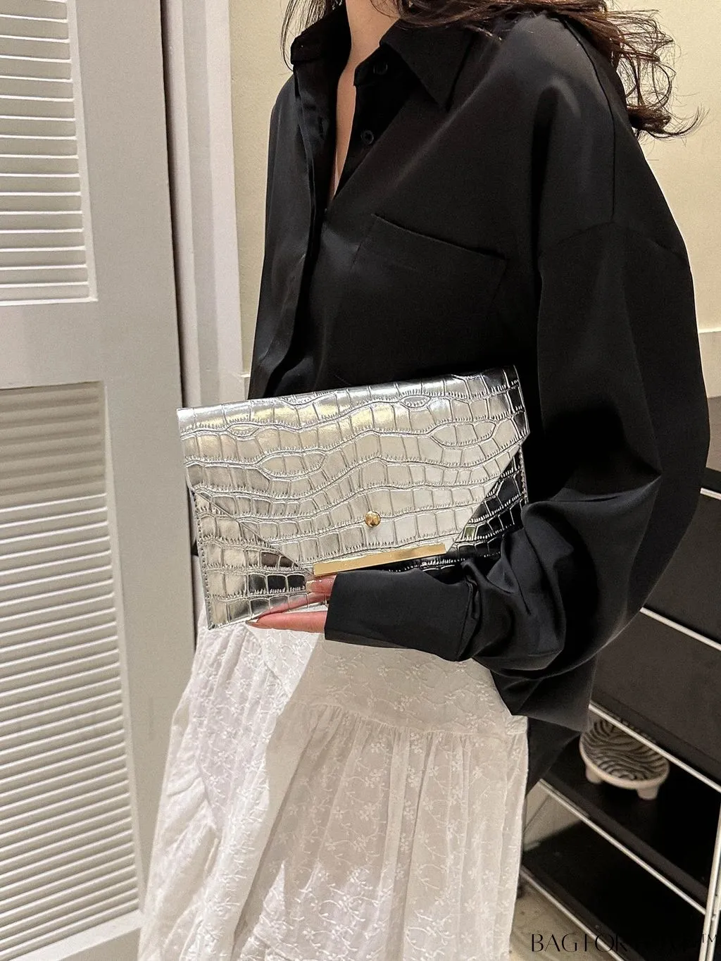 BagForLove - Metallic PU Crocodile Embossed Envelope Bag with Funky Flap Design
