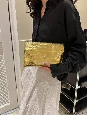 BagForLove - Metallic PU Crocodile Embossed Envelope Bag with Funky Flap Design