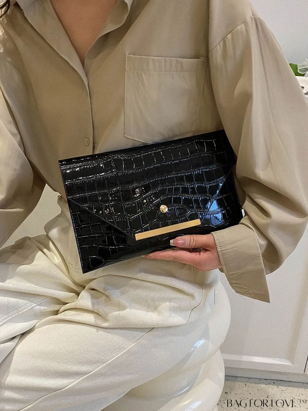BagForLove - Metallic PU Crocodile Embossed Envelope Bag with Funky Flap Design