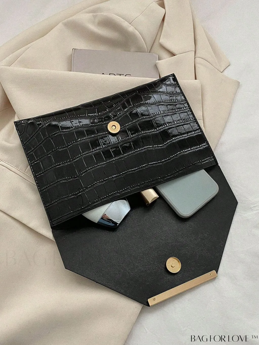BagForLove - Metallic PU Crocodile Embossed Envelope Bag with Funky Flap Design