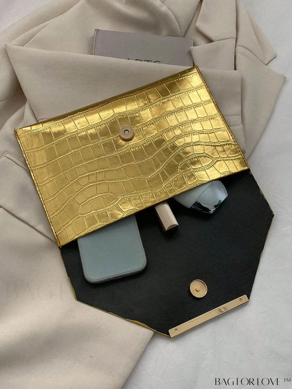 BagForLove - Metallic PU Crocodile Embossed Envelope Bag with Funky Flap Design