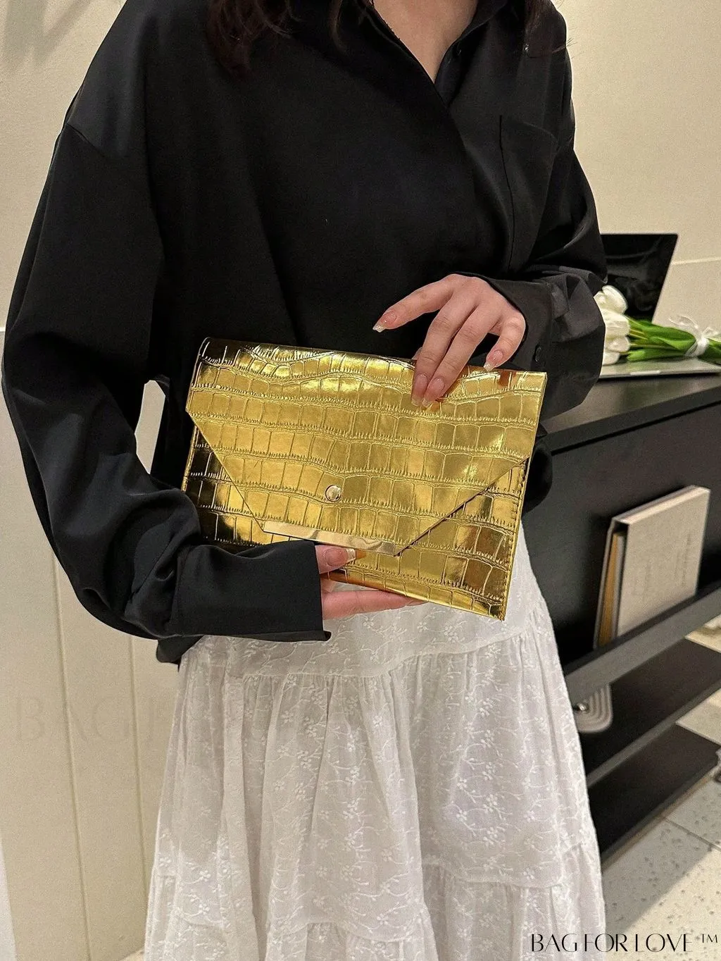 BagForLove - Metallic PU Crocodile Embossed Envelope Bag with Funky Flap Design