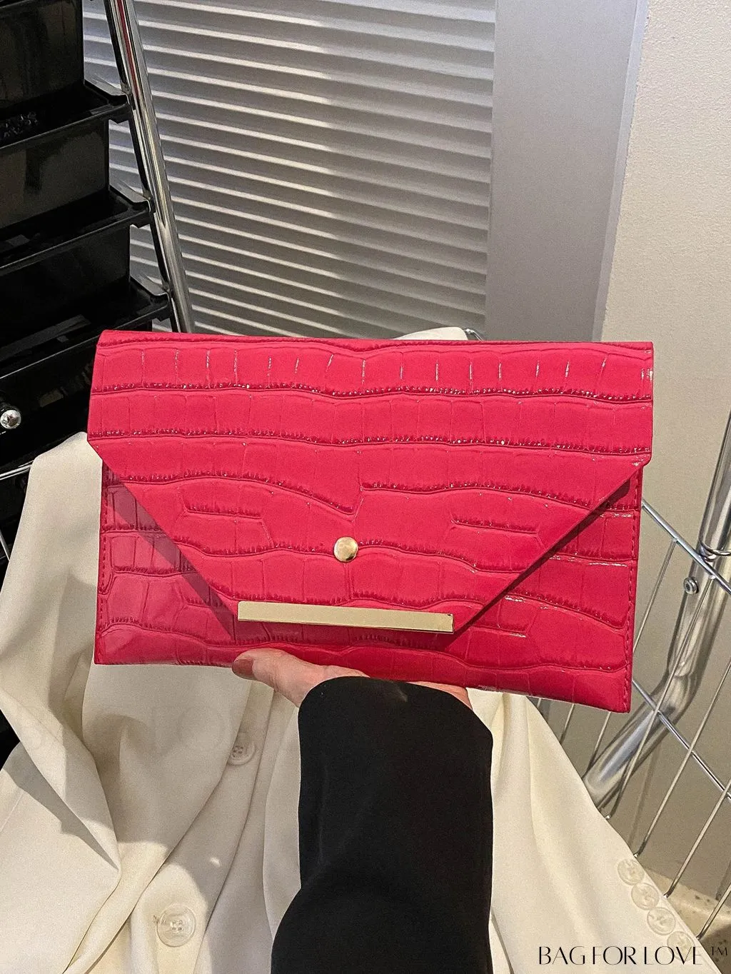 BagForLove - Metallic PU Crocodile Embossed Envelope Bag with Funky Flap Design