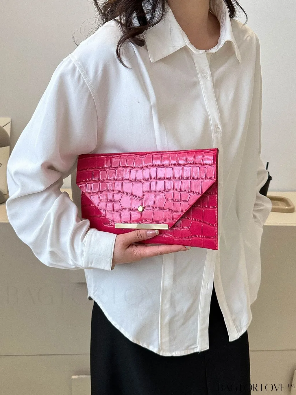 BagForLove - Metallic PU Crocodile Embossed Envelope Bag with Funky Flap Design