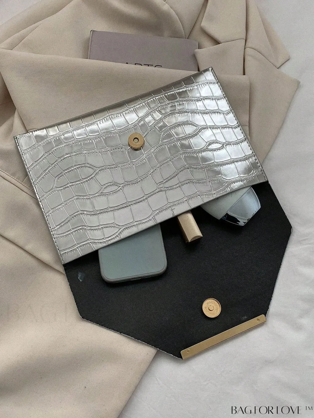 BagForLove - Metallic PU Crocodile Embossed Envelope Bag with Funky Flap Design
