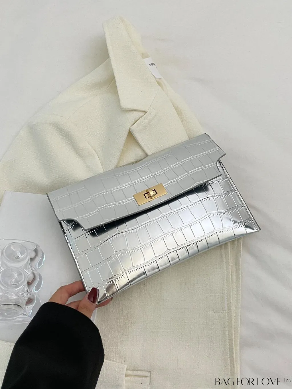 BagForLove - Silver Crocodile-Embossed Envelope Clutch Bag: A Fashionable Statement Piece
