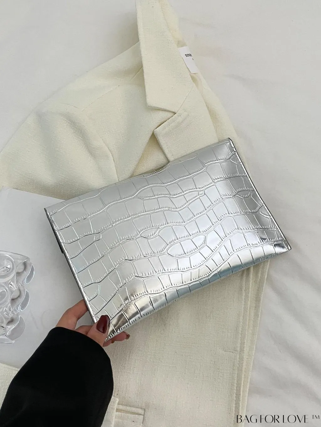 BagForLove - Silver Crocodile-Embossed Envelope Clutch Bag: A Fashionable Statement Piece