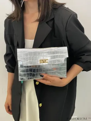 BagForLove - Silver Crocodile-Embossed Envelope Clutch Bag: A Fashionable Statement Piece