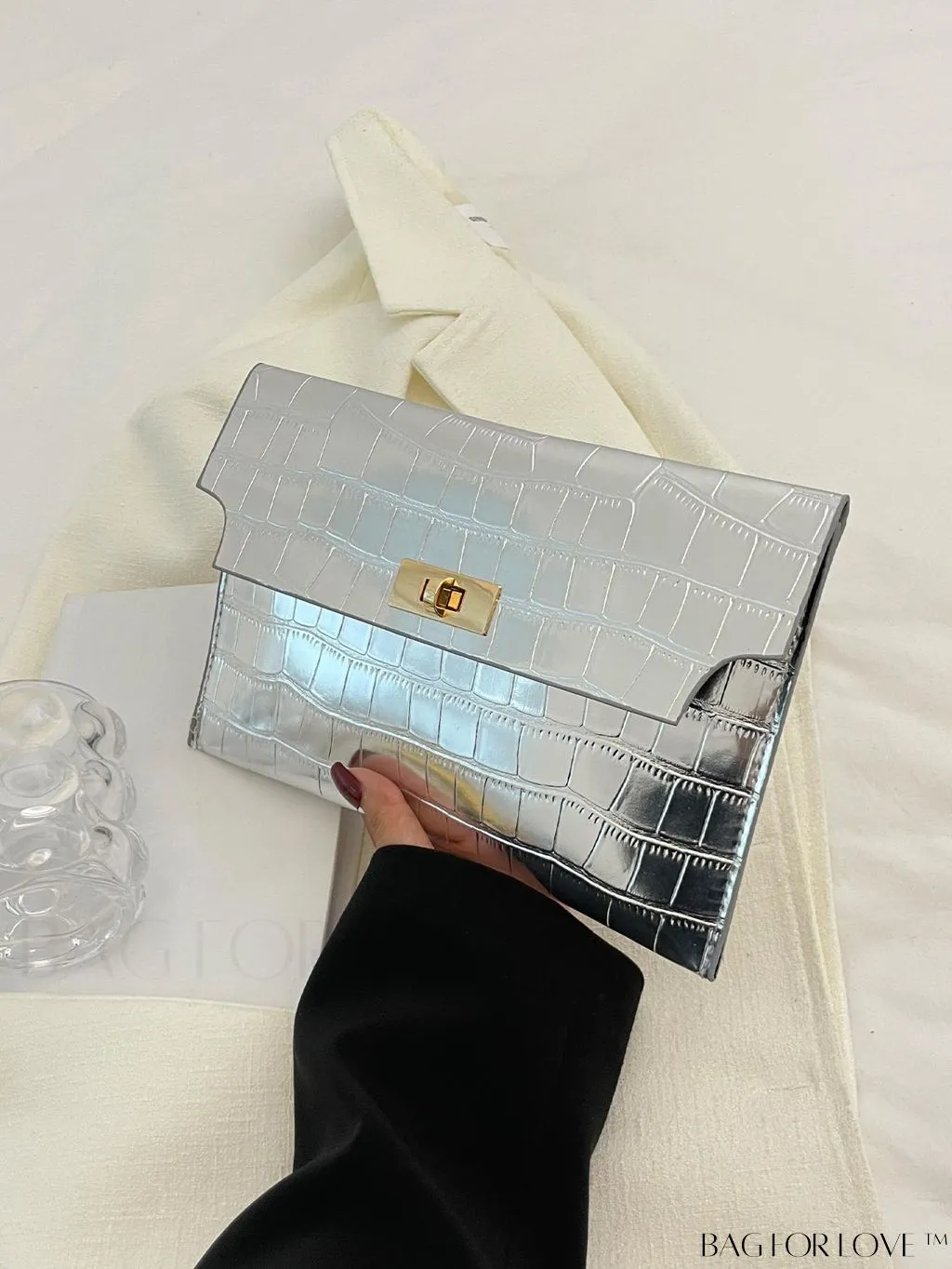BagForLove - Silver Crocodile-Embossed Envelope Clutch Bag: A Fashionable Statement Piece