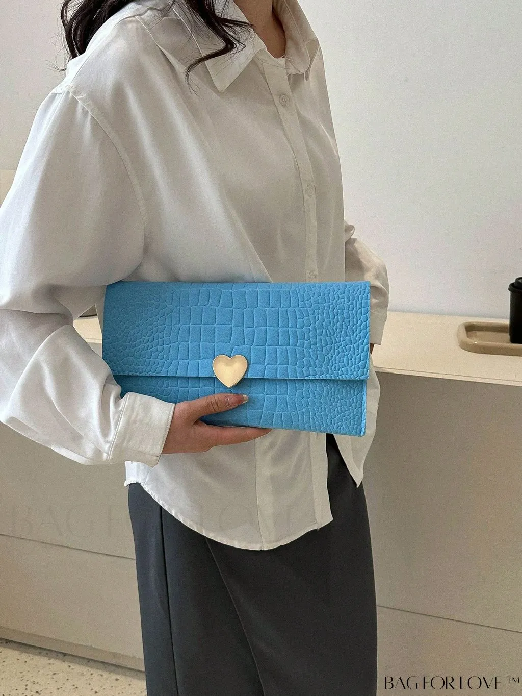 BagForLove - White Medium Envelope Bag with Crocodile Texture and Heart-shaped Metal Embellishment