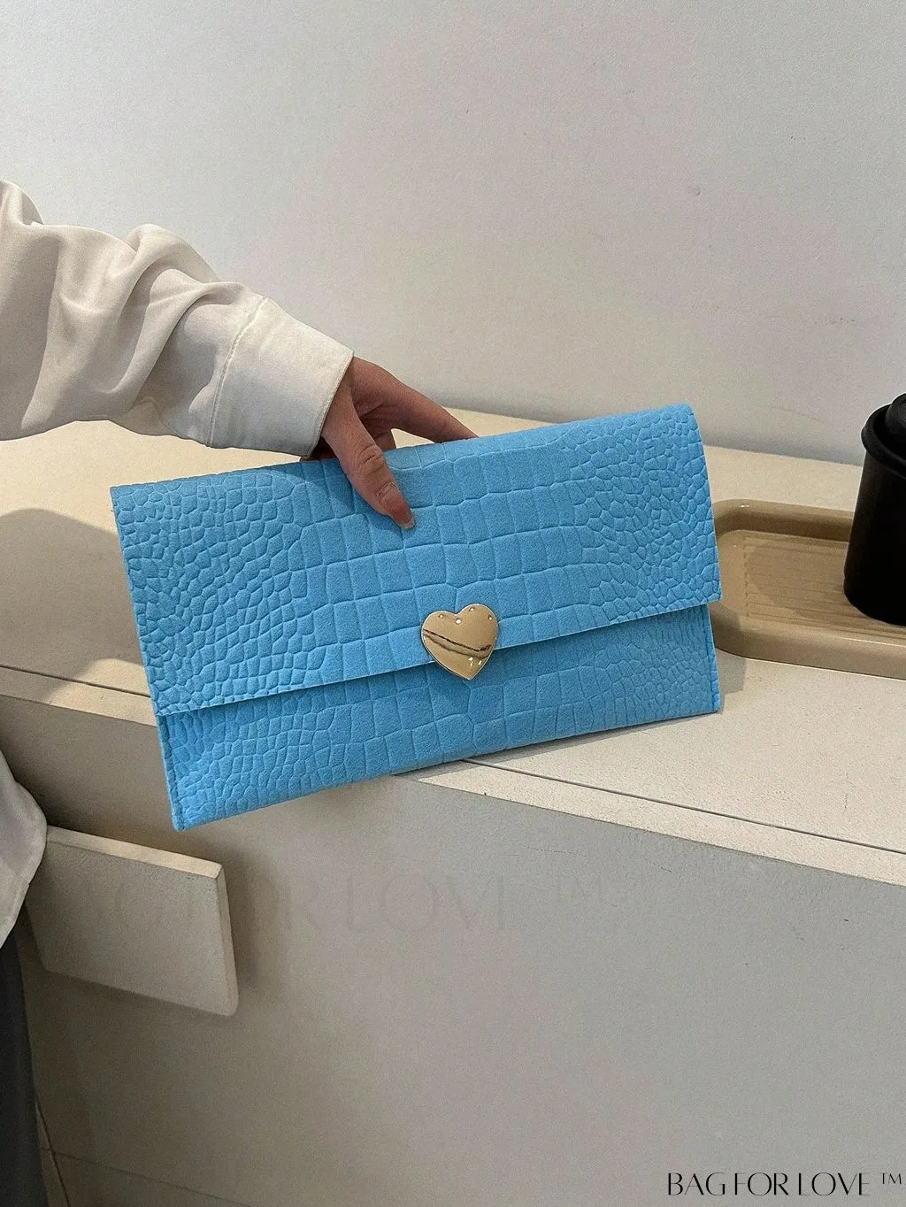 BagForLove - White Medium Envelope Bag with Crocodile Texture and Heart-shaped Metal Embellishment