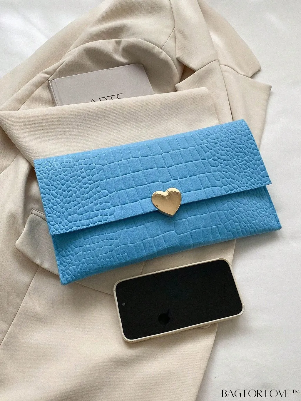 BagForLove - White Medium Envelope Bag with Crocodile Texture and Heart-shaped Metal Embellishment