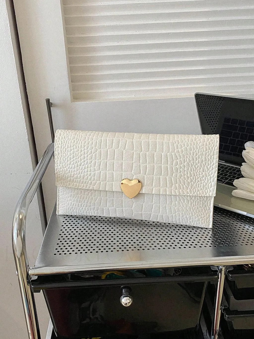 BagForLove - White Medium Envelope Bag with Crocodile Texture and Heart-shaped Metal Embellishment