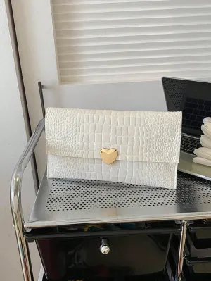 BagForLove - White Medium Envelope Bag with Crocodile Texture and Heart-shaped Metal Embellishment