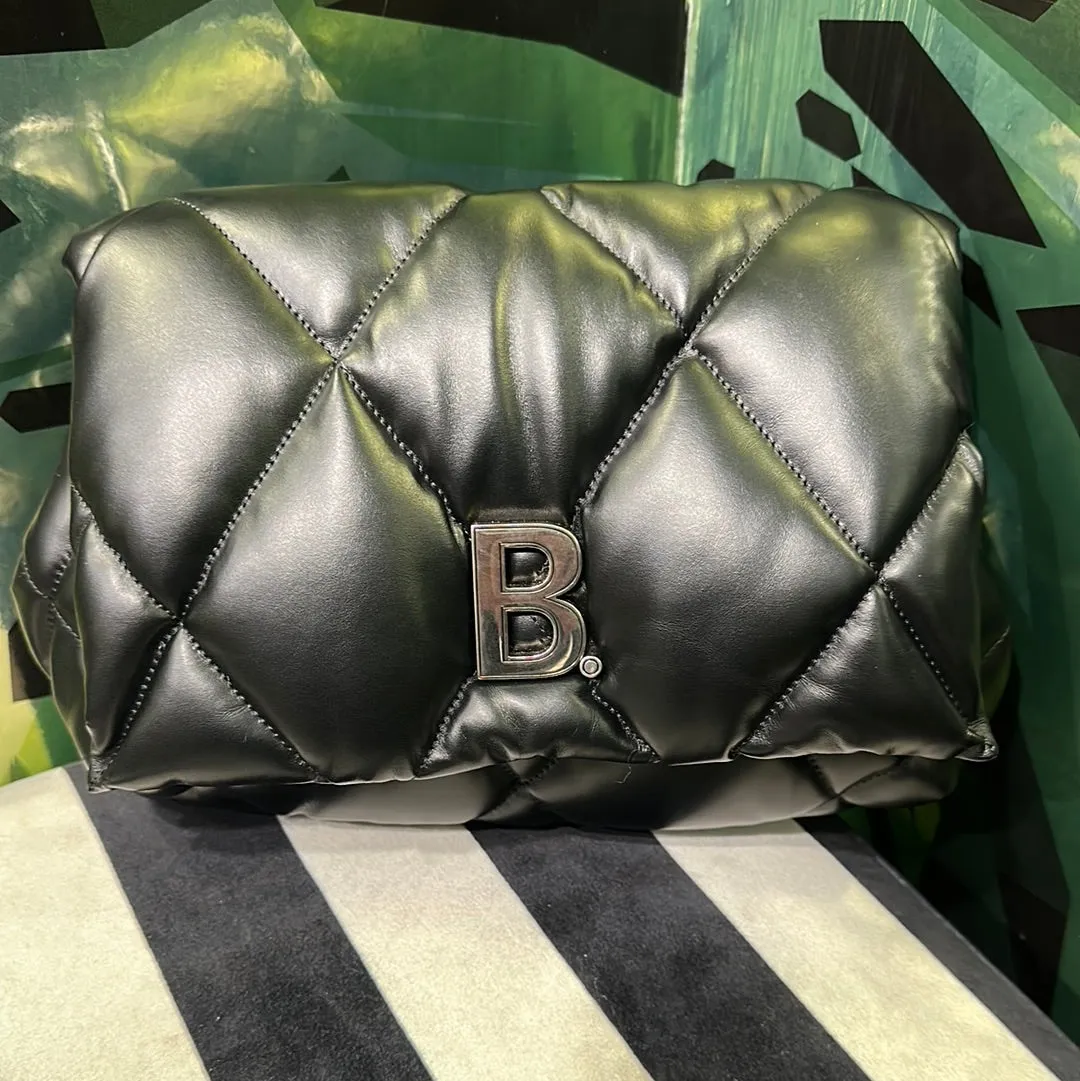 Balenciaga Black Leather Quilted Puffer Envelope Clutch with Silver B
