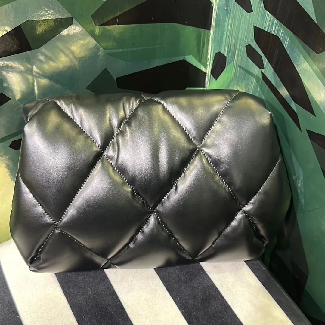 Balenciaga Black Leather Quilted Puffer Envelope Clutch with Silver B
