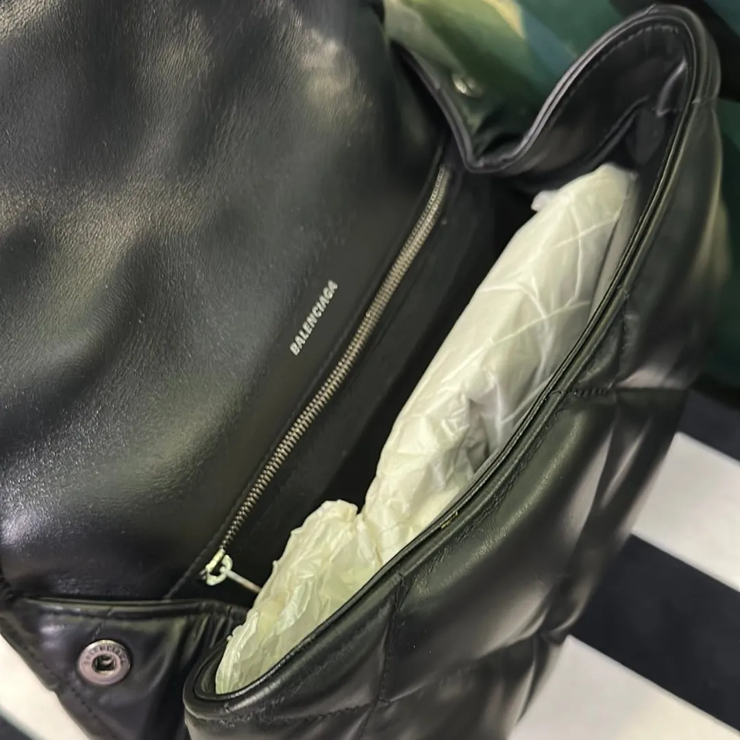 Balenciaga Black Leather Quilted Puffer Envelope Clutch with Silver B