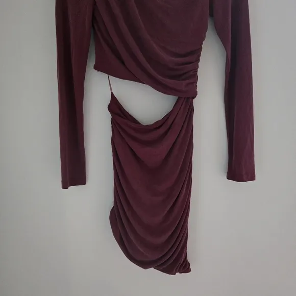Bardot Ruched Long Sleeve Cutout Mini Burgundy Dress