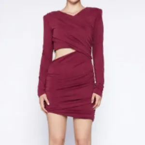 Bardot Ruched Long Sleeve Cutout Mini Burgundy Dress