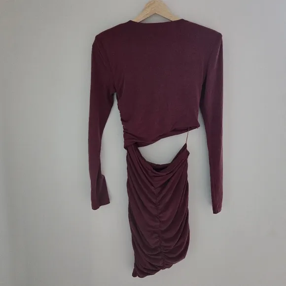 Bardot Ruched Long Sleeve Cutout Mini Burgundy Dress