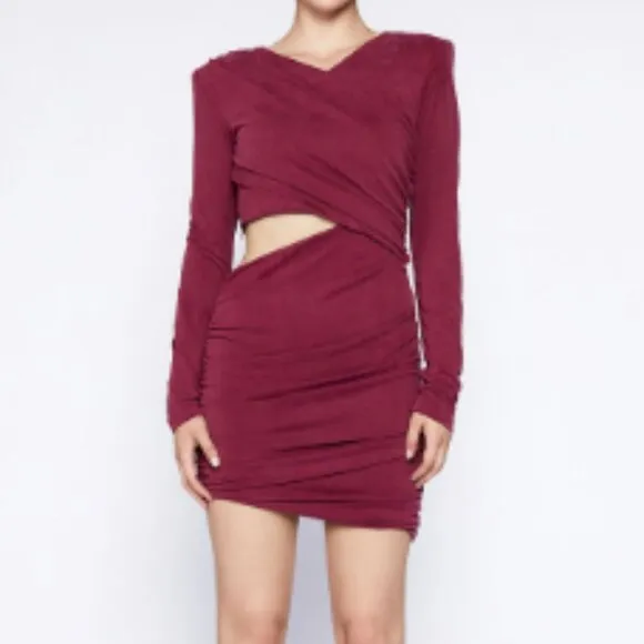 Bardot Ruched Long Sleeve Cutout Mini Burgundy Dress