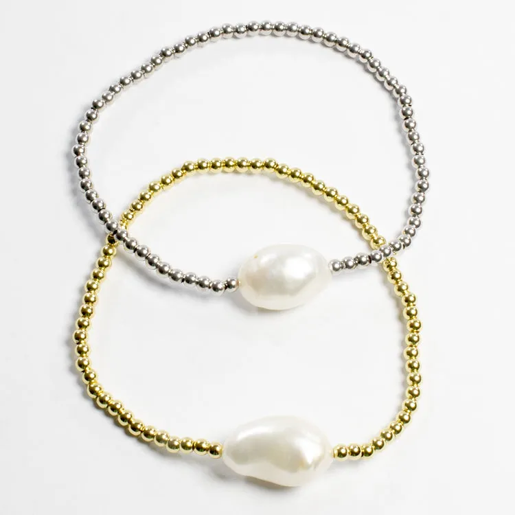 Beaded Adjustable 1 Pearl Bracelet - Gold or Silver