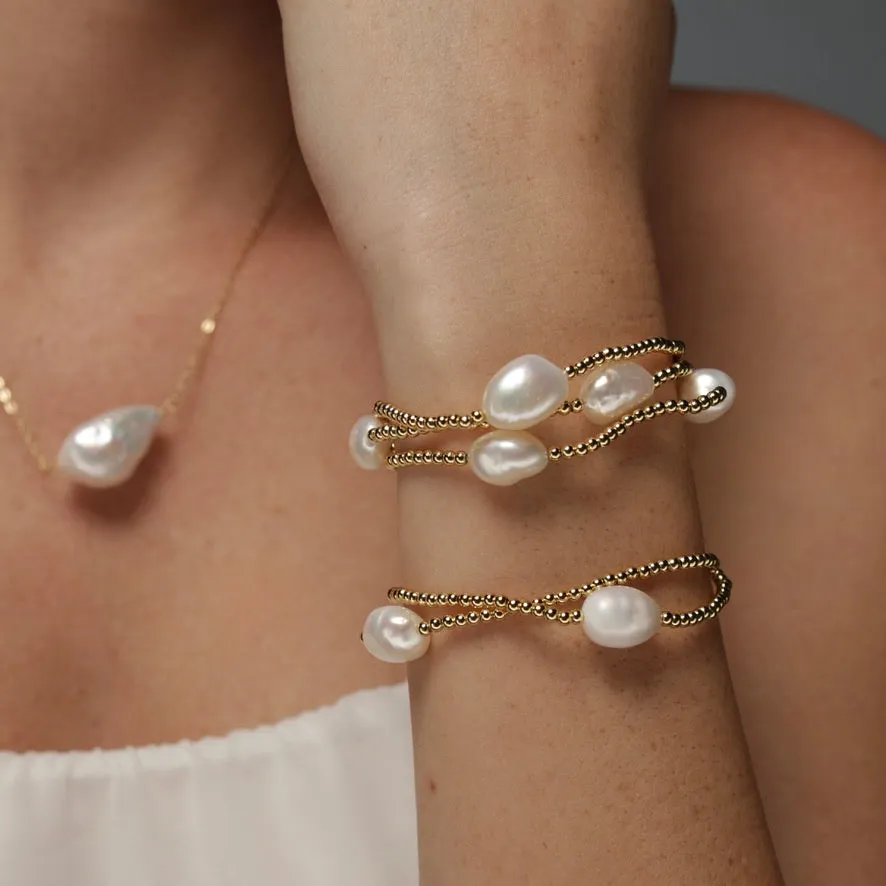 Beaded Adjustable 3 Pearl Bracelet - Gold or Silver