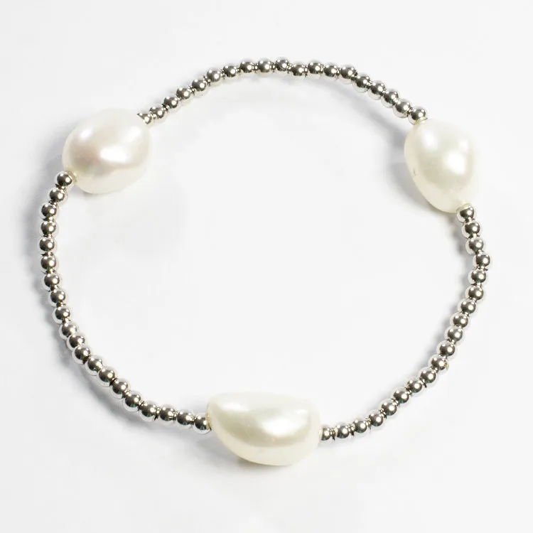 Beaded Adjustable 3 Pearl Bracelet - Gold or Silver