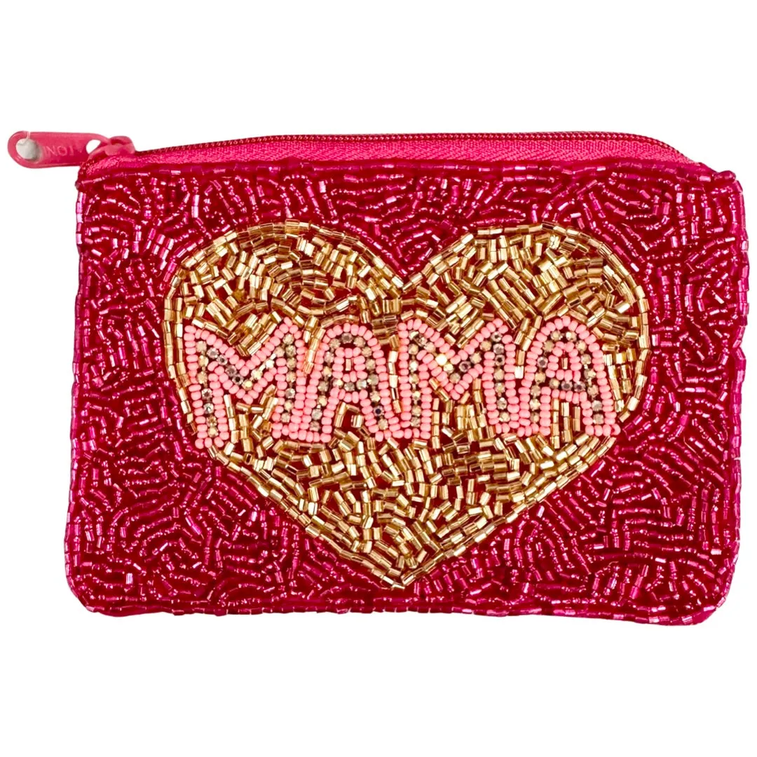 Beaded Mama Heart Zipper Pouch - Hot Pink