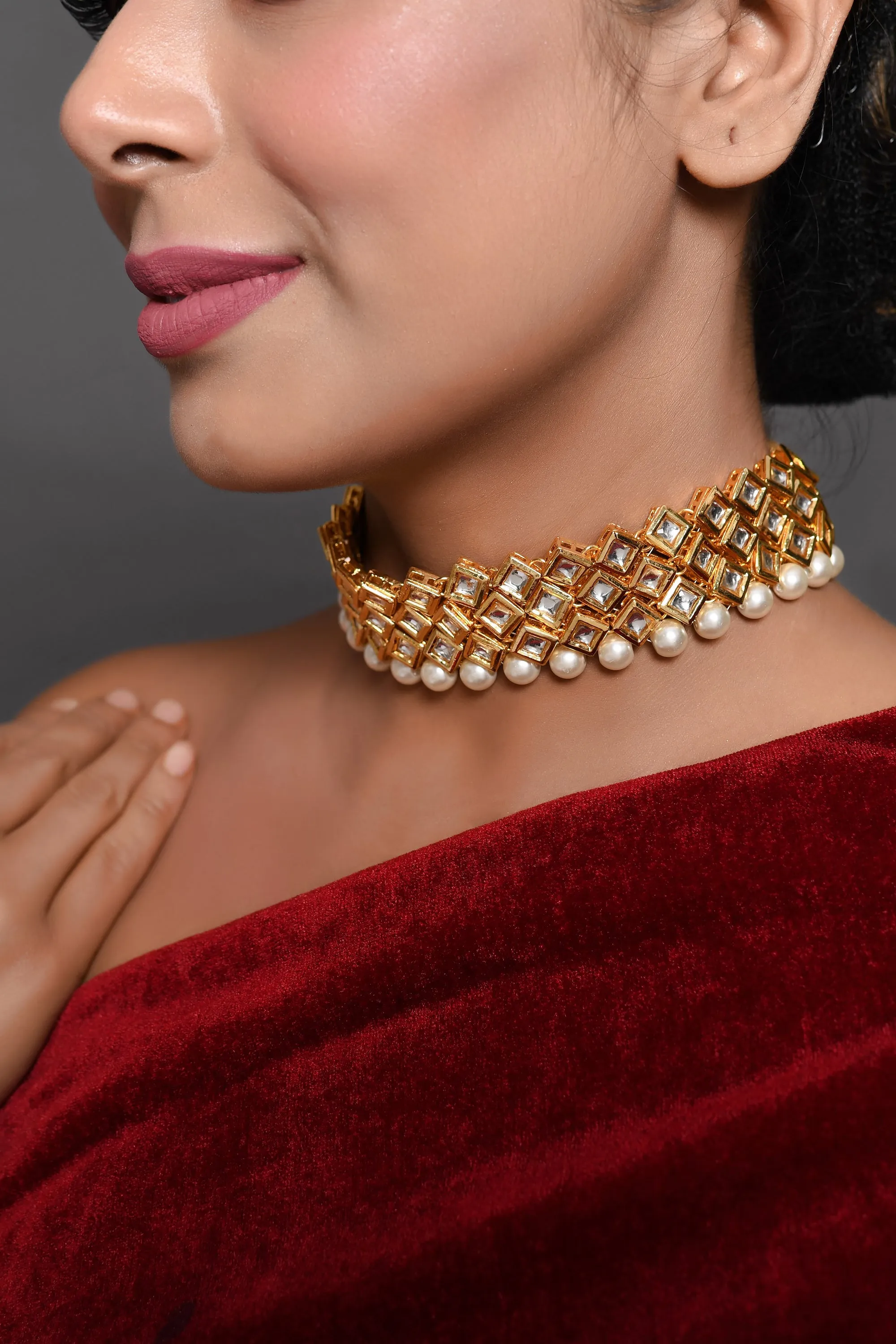 Beautiful Designer Pearl Beaded Kundan Choker Necklace Set