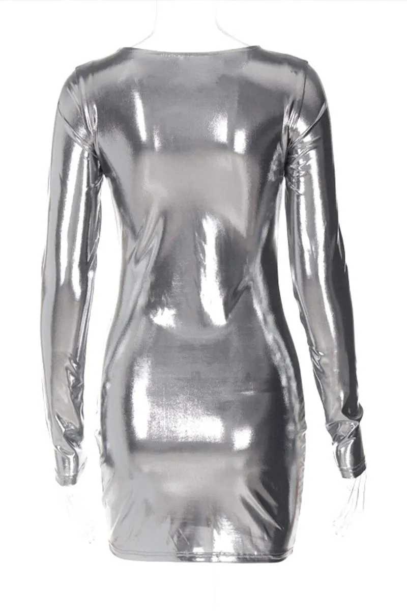 BI765 Round Neck Faux Leather Mini Dress