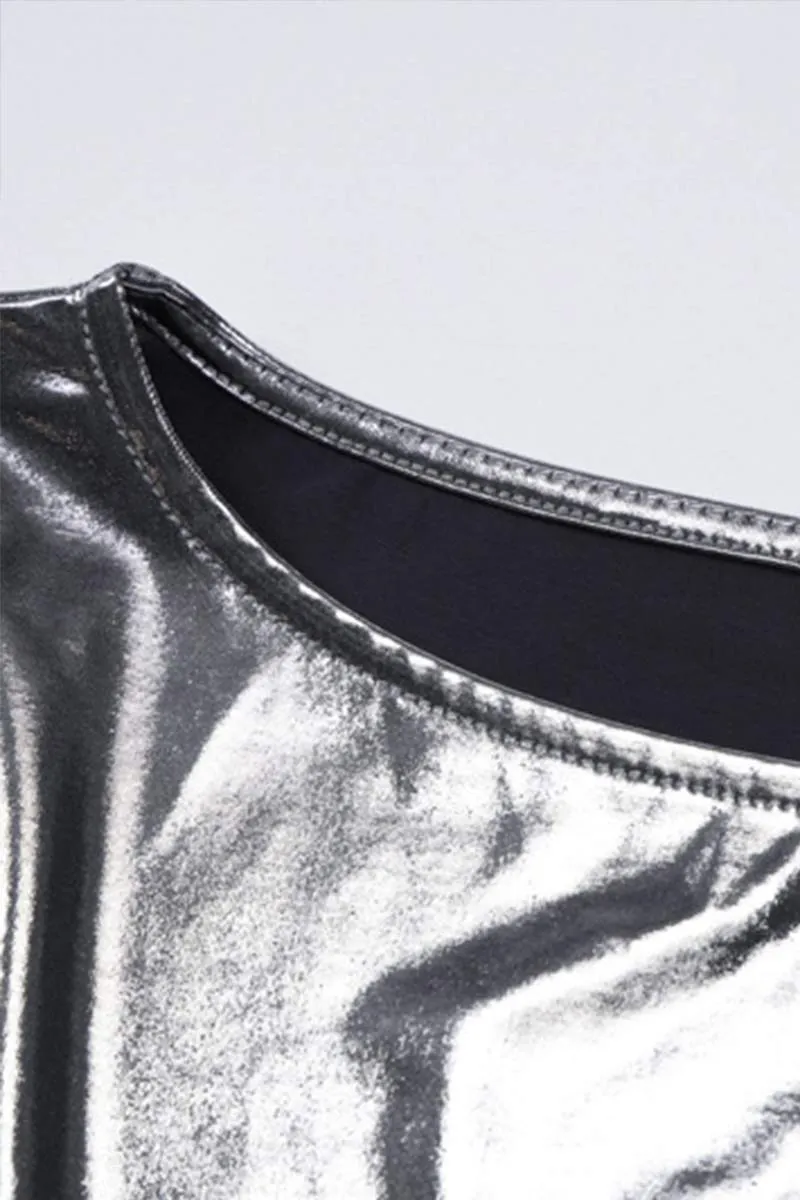 BI765 Round Neck Faux Leather Mini Dress