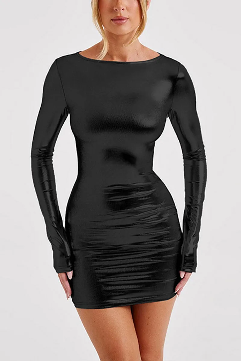 BI765 Round Neck Faux Leather Mini Dress